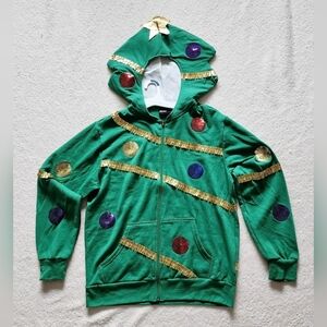 NWT Men's festive Christmas Tree Hooded Zip-Up green Sweatshirt, size L & XL